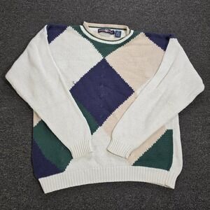 Vintage Haggar Casuals Knit Sweater Mens Large Cream Argyle Geometric 90s Ramie